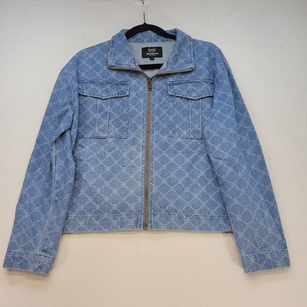 Ellandemm Trucker Denim Jacket Womens XS Blue Print Full Zip Utility